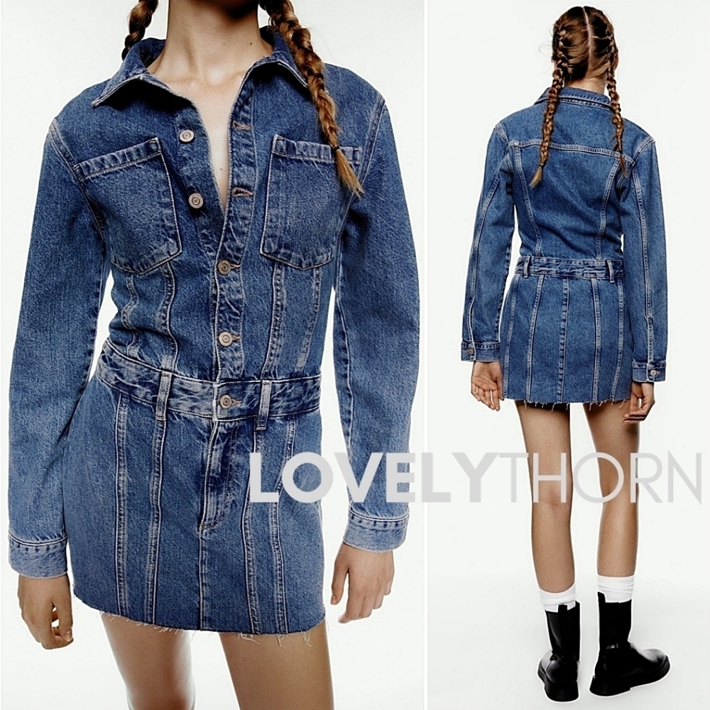 ZARA // ultra-chic & flattering long sleeve raw hem button down denim mini dress